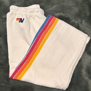 Aviator Nation Cream Track Pants with Rainbow Side Stripes